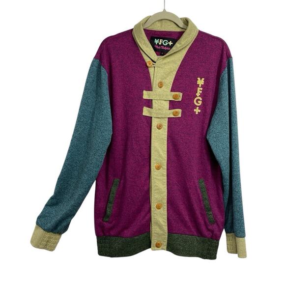 YFG+Pink Dolphin Cardigan Button Up Color Block Fleece Mens Size Large Logo - Picture 1 of 12